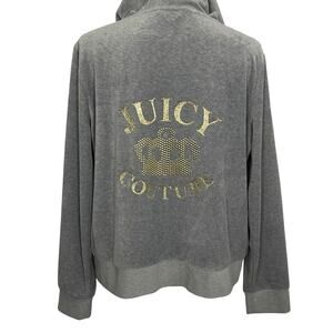 Juicy Couture Velour Track Jacket Y2K Hoodie Full Zip Rhinestone Gray Womens XL